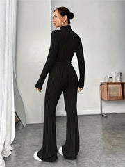 Autumn Knitted Two Piece Set Bodycon Suit Women Tracksuit Long Sleeve Vintage Slim Crop Top Flare Pants Sets Y2k Stretch Outfits