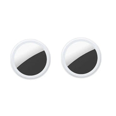 Two white circular smart trackers with a black diagonal design on the face.