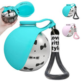 A portable stainless steel dog water bottle with a teal silicone bowl and a carrying strap.