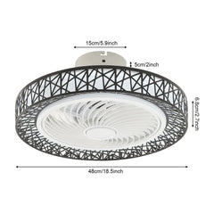 A round ceiling fan light with a black geometric cage frame and white fan blades.