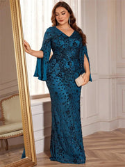 Lucyinlove Plus Size Luxury Gold Evening Dresses Women 2024 Long Sleeve Mermaid Formal Sequins Prom Wedding Party Cocktail Gowns SHOWLU FASHION STORE