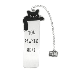 A stainless steel bookmark featuring a black cat design and the text You Pawsed Here.