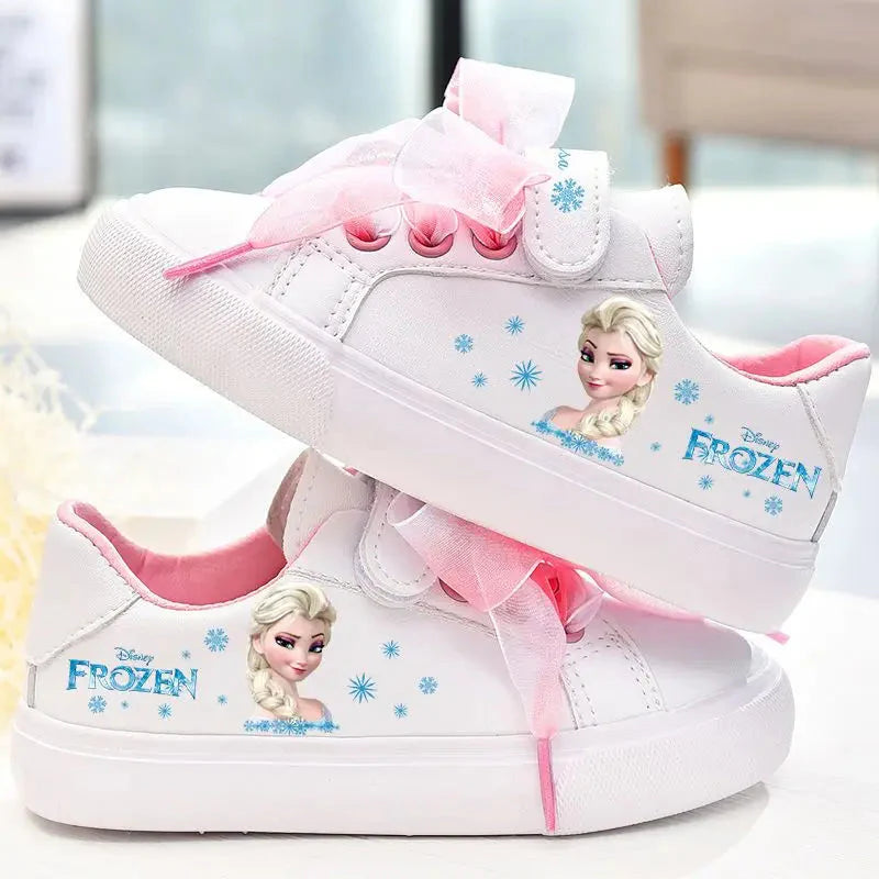 Disney Girls Frozen Princess White PU Leather Bow White Casual Shoes Non-slip Soft Bottom Sports Casual Shoes For Girl Size 23-3 SHOWLU FASHION STORE