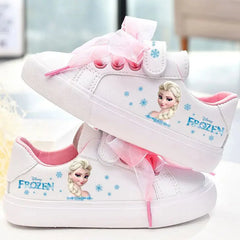 Disney Girls Frozen Princess White PU Leather Bow White Casual Shoes Non-slip Soft Bottom Sports Casual Shoes For Girl Size 23-3 SHOWLU FASHION STORE