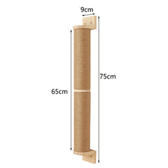 A wall-mounted cat scratching post featuring a tall, rope-wrapped wooden column.