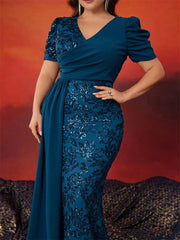 BLUEPLUM Plus Size Elegant V-neck Sequins Evening Dress Women Short Sleeves Mermaid Formal Luxury Party Streamer Prom Dress SHOWLU FASHION STORE