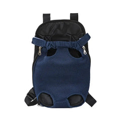 A blue mesh pet carrier backpack with adjustable straps and leg openings for small dogs or cats.