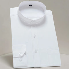 A white long-sleeve dress shirt with a mandarin collar and a single chest pocket.