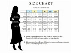 A size chart for women's dresses showing bust, waist, and hip measurements in centimeters and inches.