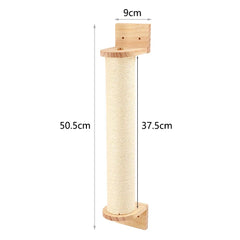 A wall-mounted cat scratching post featuring a sisal-wrapped column and wooden mounting brackets.