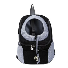 A black and grey breathable nylon pet backpack carrier with a drawstring opening for small dogs.