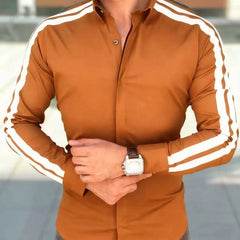 A tan long-sleeve button-up shirt featuring white stripes running down the shoulders and sleeves.
