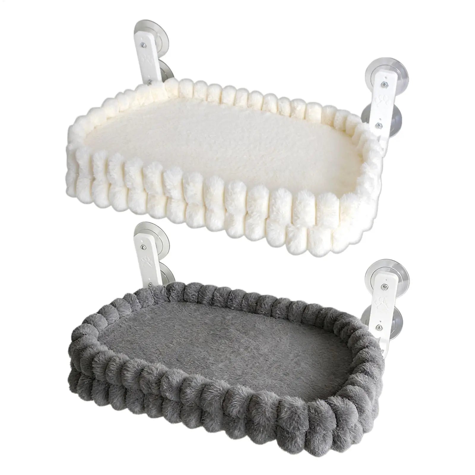 Two plush cat window perches with suction cups, one in white and one in grey.