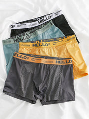 Men's Ice Silk Mesh Boxer Brief - "HELLO" Logo Waistband, Single Piece ( Black/Teal/Yellow/Gray) Underwear