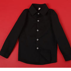 A long-sleeved black button-down shirt for boys with a classic collar.