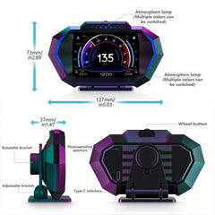 A car HUD display with a digital speedometer, adjustable bracket, and ambient lighting.
