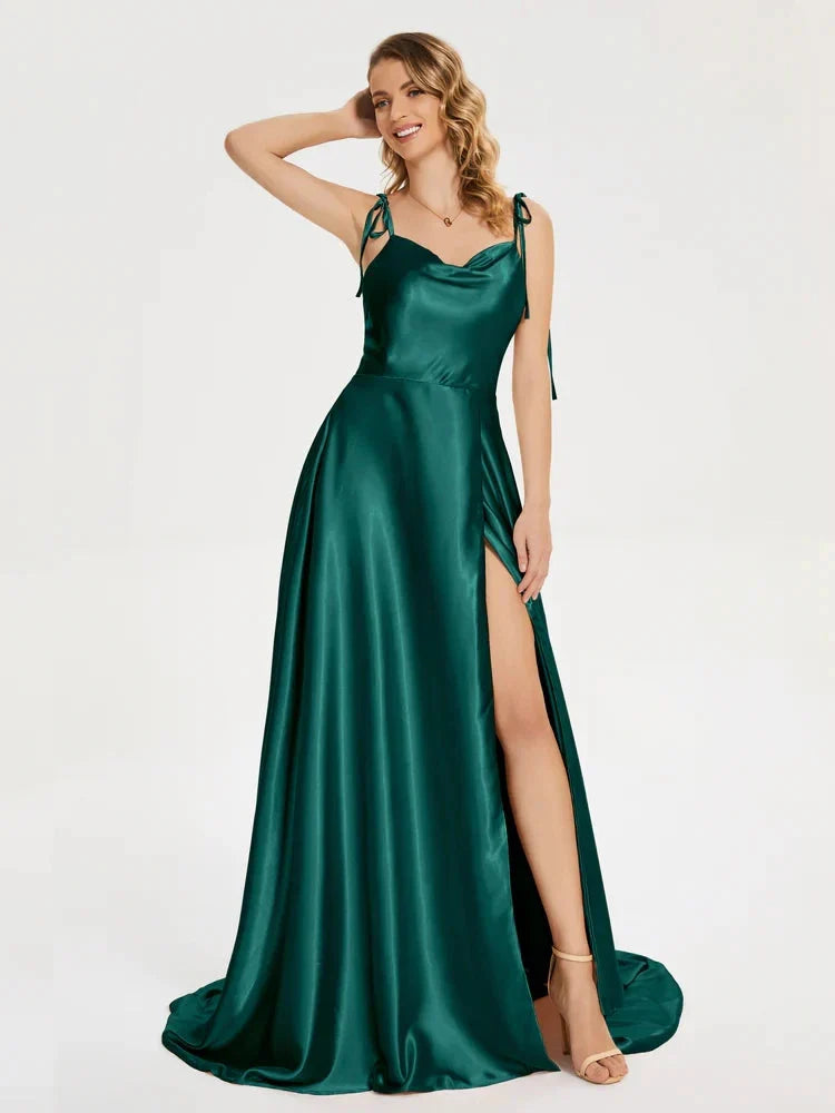 2024 New 3 Styles Simple Satin Bridesmaid Dress Cowl Neckline with Tieing Thin Straps Evening Dress Leg Slit A-line Prom Dress SHOWLU FASHION STORE