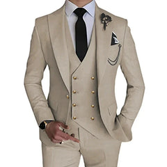 A beige three-piece slim fit suit featuring a double-breasted vest, black tie, and pocket square.