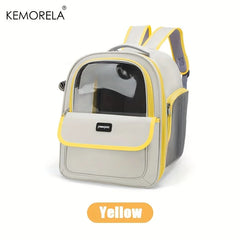 A grey and yellow pet carrier backpack with a clear window and mesh side panels.