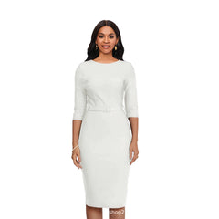 A woman wears a white, knee-length, bodycon dress with a round neck, three-quarter sleeves, and belt.