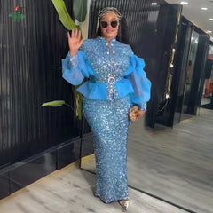 H&D African Sequin 2PCS Dress Set Stand Collar Top Puffy Mesh Sleeves Matching Maxi Skirt For Weddings Galas and Formal Parties