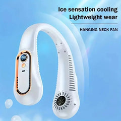 A white portable neck fan with a digital display showing 99 and a snowflake icon on the vent.
