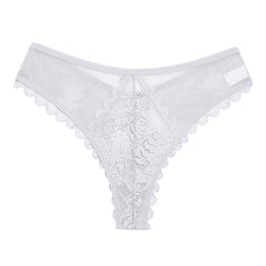 A light gray low-rise thong featuring a floral lace center panel and scalloped edges.