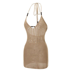 hirigin Women Backless Halter Mini Dress Casual Summer Knit Crochet Cutout Bodycon Party Dress for Beach Club Streetwear