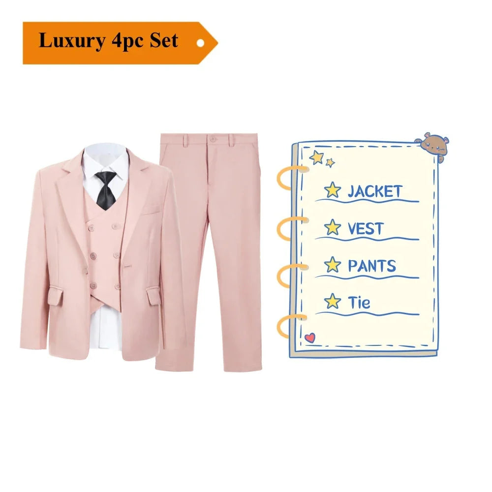 A beige four-piece formal suit set for boys including a jacket, vest, pants, and a tie.