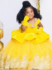 Yellow Flower Girl Dresses For Wedding Lace Appliques Tulle Puffy Princess Girl Birthday Dresses for Photoshoot Customized