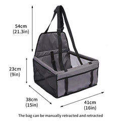 A grey foldable pet car seat with mesh sides and adjustable straps, shown with dimension labels.