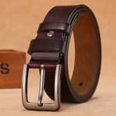 A dark brown genuine leather belt for men featuring a brushed metal pin buckle.