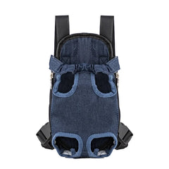 A blue denim pet carrier backpack with adjustable straps and leg openings for small dogs or cats.