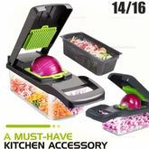 A multifunctional kitchen vegetable chopper with a clear storage container and interchangeable blades.