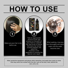An instructional graphic showing three steps for using Eelhoe black hair dye shampoo.