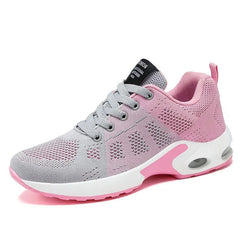 Women Casual Mesh Fabric Shoes Air-cushion Elastic Lace Up Sneakers Flat Breathable Lightweight Soft-Soled Antislip Jogging Shoe