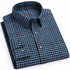 Men's Flannel Long Sleeve Premium Heavy Cotton Shirt England Style Casual Standard-fit Plaid Striped Thick Soft Brushed Shirts