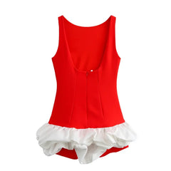 Sexy Women Red Ruffles Hem Mini Dress Elegant O Neck Backless Sleeveless Slim Vestidos Fashion Lady Evening Party Club Gowns