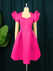 A knee-length, rose red A-line dress featuring a sweetheart neckline and ruffled flying sleeves.