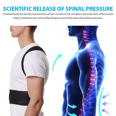 A person wears an adjustable black back brace designed to support posture and the lumbar spine.