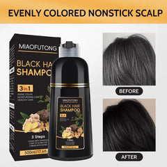 A bottle of Miaofutong black hair shampoo next to its box with before and after hair photos.