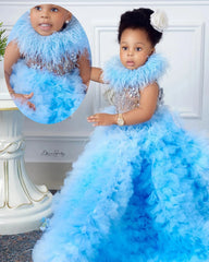 Gorgeou Flower Girls Dress Little Baby Girl Sky Blue Tulle Fluffy Applique for Party Kids Wedding Ball Birthday Evening Gowns