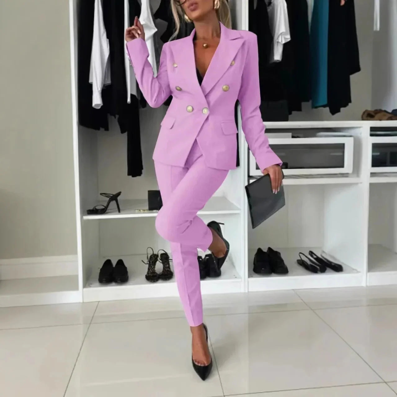 Women Office Smart Clothes Set 2pcs Blazer Double Breasted Button Solid Color Jacket & High Waist Slim Pencil Pants SHOWLU FASHION STORE