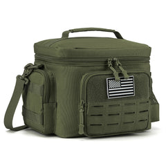 An olive green tactical insulated lunch bag with a front American flag patch and shoulder strap.
