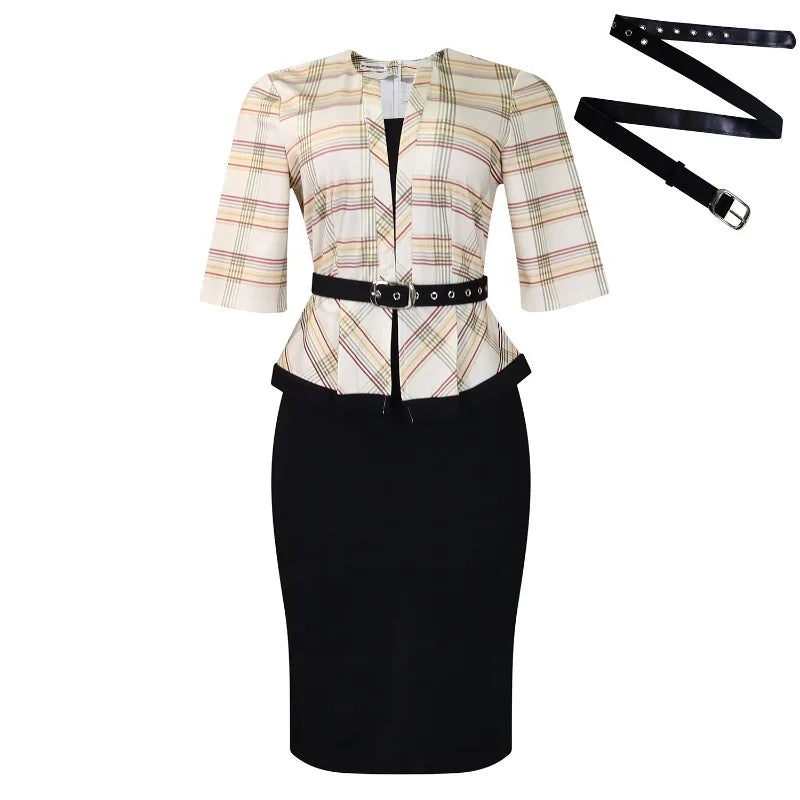 A slim-fit midi dress featuring a plaid V-neck bodice, half sleeves, and a black pencil skirt.
