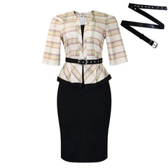 A slim-fit midi dress featuring a plaid V-neck bodice, half sleeves, and a black pencil skirt.