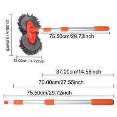 A telescopic car wash mop with two rotating brush heads and an adjustable aluminum handle.