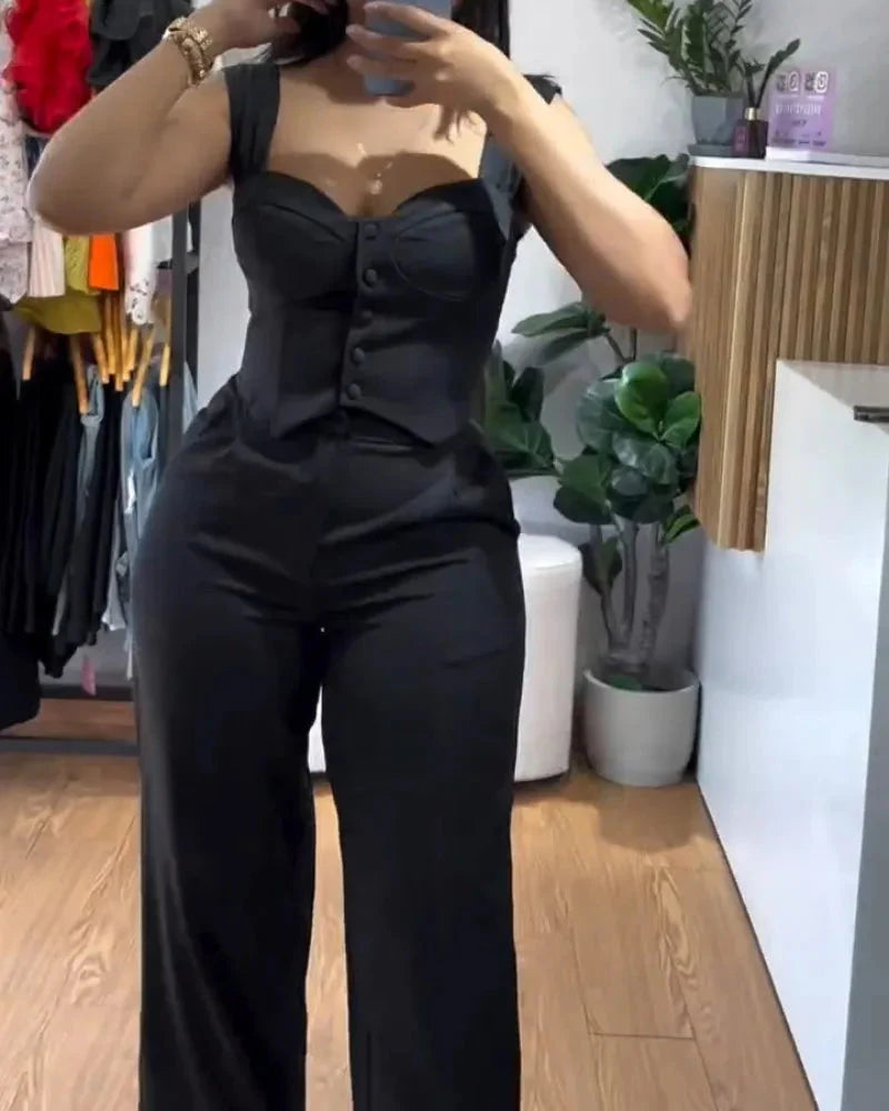 Elegant Women 2 Piece Thick Strap Button Front Slim Fit Tank Top and High Waist Wide Leg Pants Casual Outfit Set SHOWLU FASHION STORE
