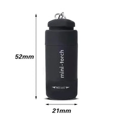 A black cylindrical mini keychain flashlight measuring 52mm in height and 21mm in width.
