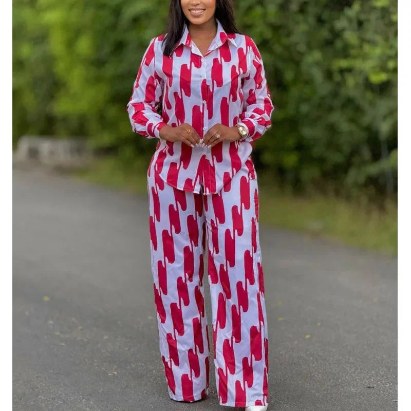 African Fashion Stripe Printed Two Piece Set Women Spring Autumn Casual Button Long Sleeved Shirt Wide Leg Pants Set SHOWLU FASHION STORE